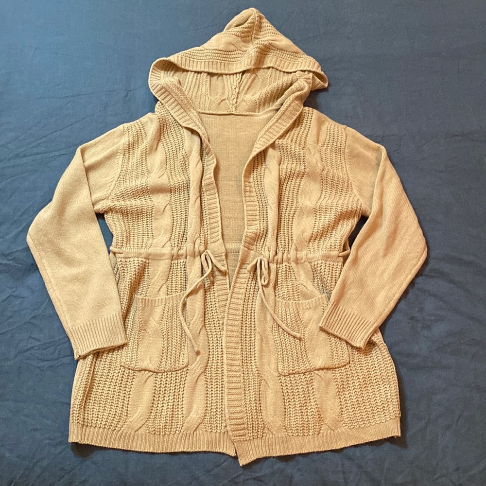 Cable Knit Cinched Waist Tan Hooded Cardigan 3XL